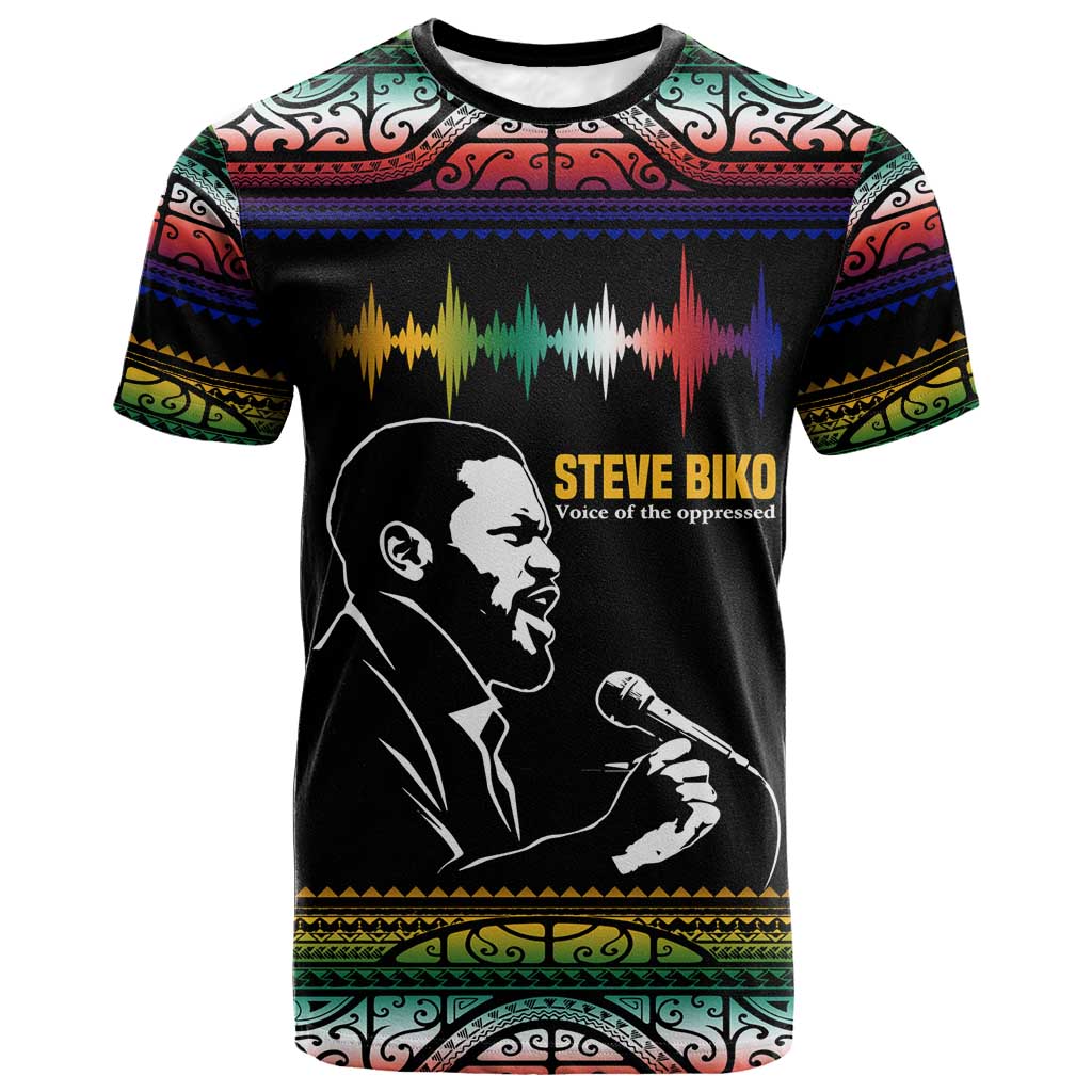 Steve Biko T shirt with Microphone Portrait, Black Consciousness Quote and Vibrant Ethnic Wave - African Pride