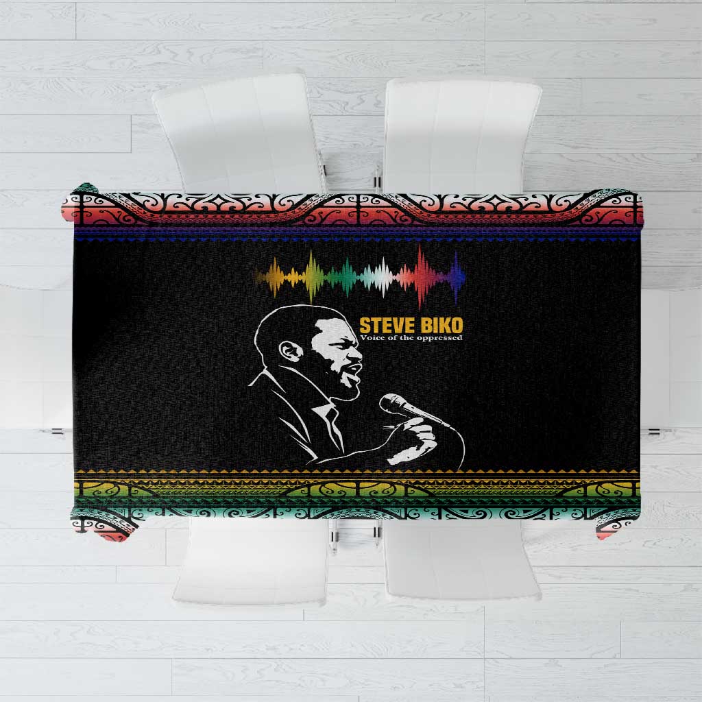 Steve Biko Tablecloth with Microphone Portrait, Black Consciousness Quote and Vibrant Ethnic Wave - African Pride