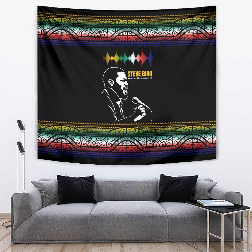 Steve Biko Tapestry with Microphone Portrait, Black Consciousness Quote and Vibrant Ethnic Wave - African Pride