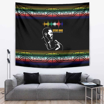 Steve Biko Tapestry with Microphone Portrait, Black Consciousness Quote and Vibrant Ethnic Wave - African Pride