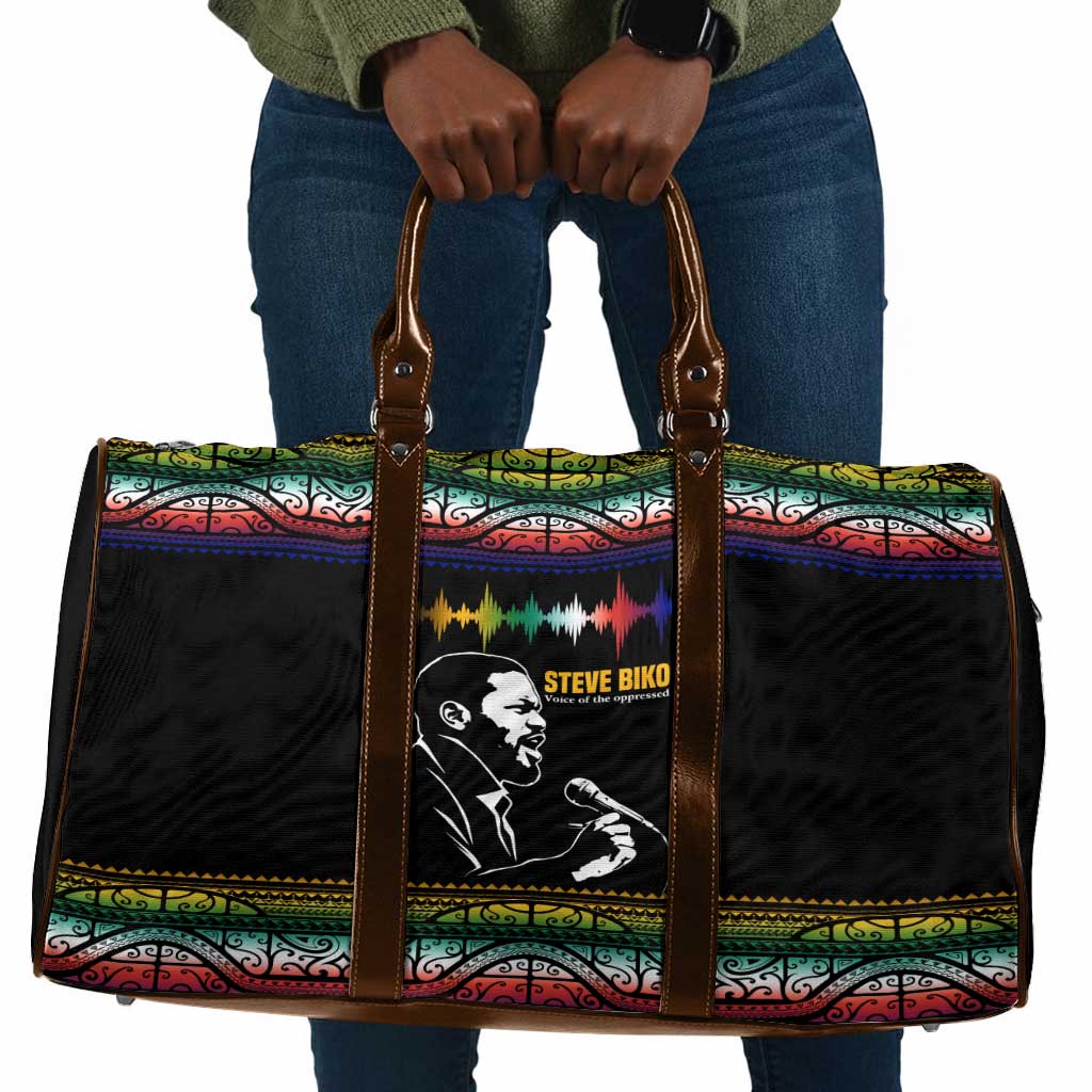 Steve Biko Travel Bag with Microphone Portrait, Black Consciousness Quote and Vibrant Ethnic Wave - African Pride