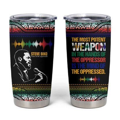 Steve Biko Tumbler Cup with Microphone Portrait, Black Consciousness Quote and Vibrant Ethnic Wave - African Pride