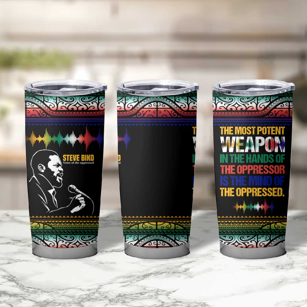 Steve Biko Tumbler Cup with Microphone Portrait, Black Consciousness Quote and Vibrant Ethnic Wave - African Pride
