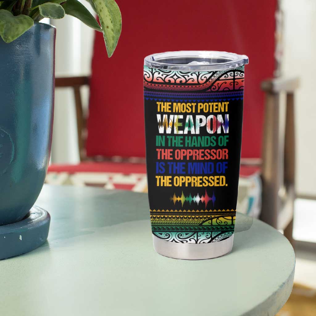 Steve Biko Tumbler Cup with Microphone Portrait, Black Consciousness Quote and Vibrant Ethnic Wave - African Pride
