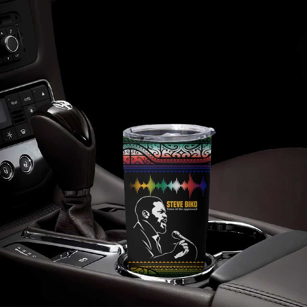 Steve Biko Tumbler Cup with Microphone Portrait, Black Consciousness Quote and Vibrant Ethnic Wave - African Pride