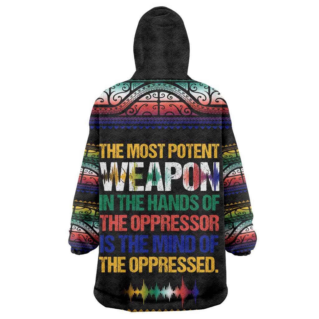 Steve Biko Wearable Blanket Hoodie with Microphone Portrait, Black Consciousness Quote and Vibrant Ethnic Wave - African Pride