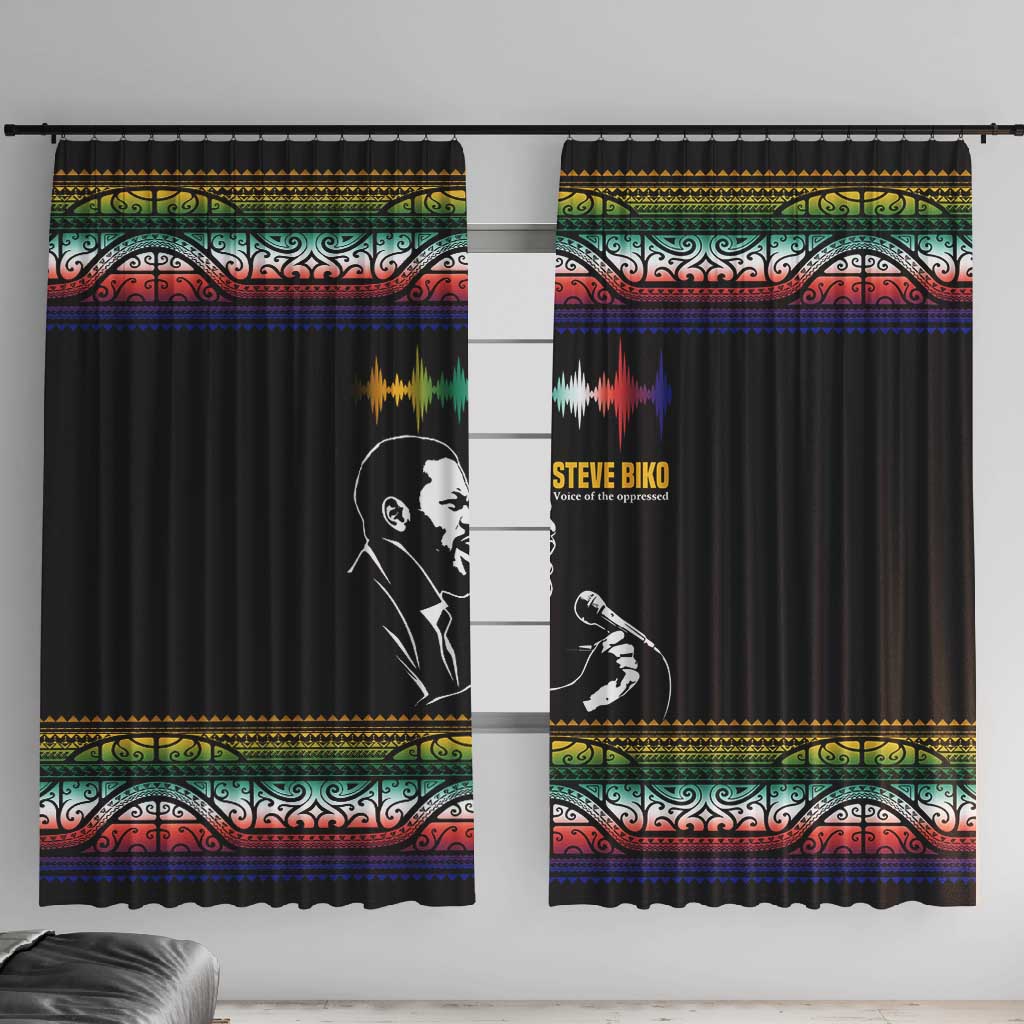Steve Biko Window Curtain with Microphone Portrait, Black Consciousness Quote and Vibrant Ethnic Wave - African Pride