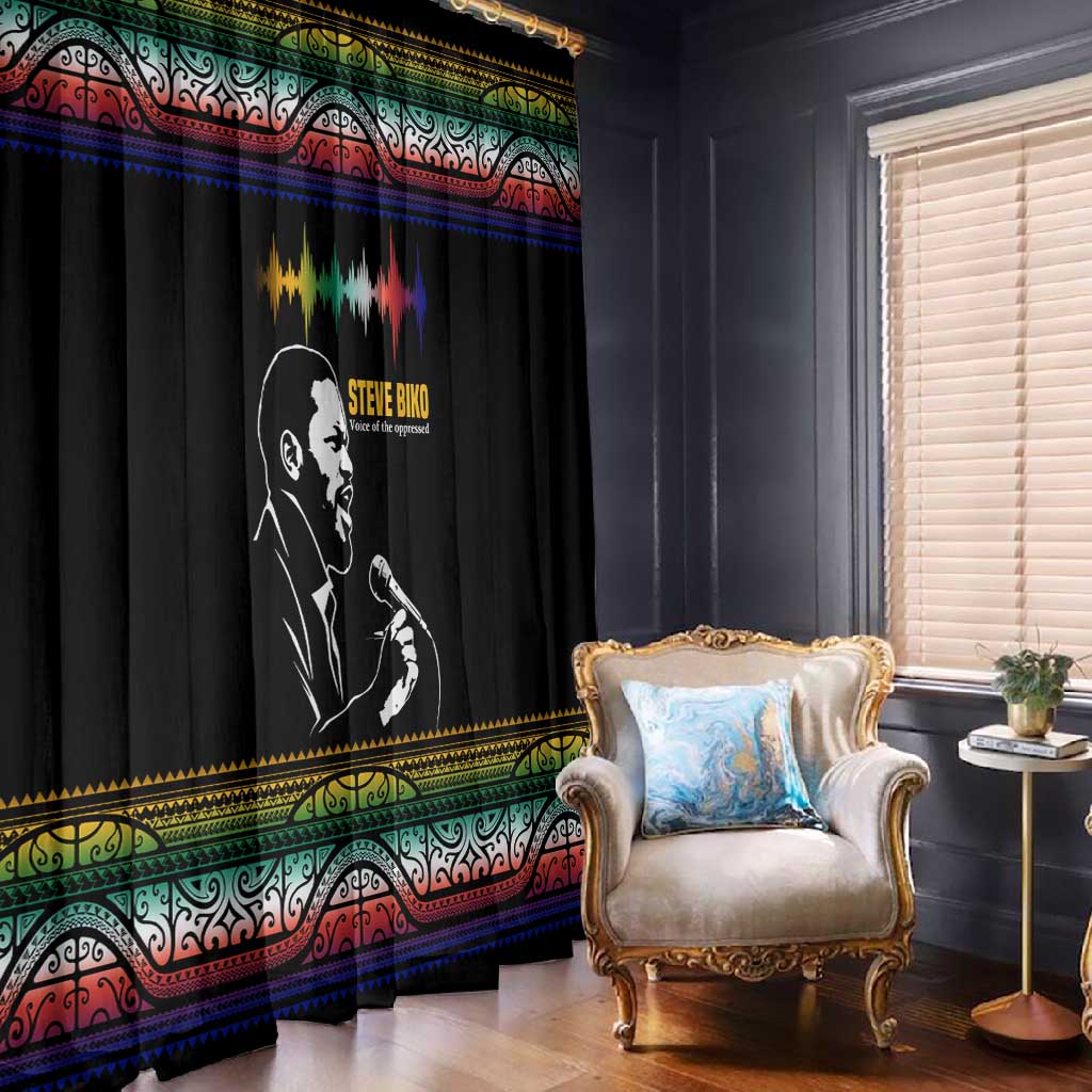 Steve Biko Window Curtain with Microphone Portrait, Black Consciousness Quote and Vibrant Ethnic Wave - African Pride