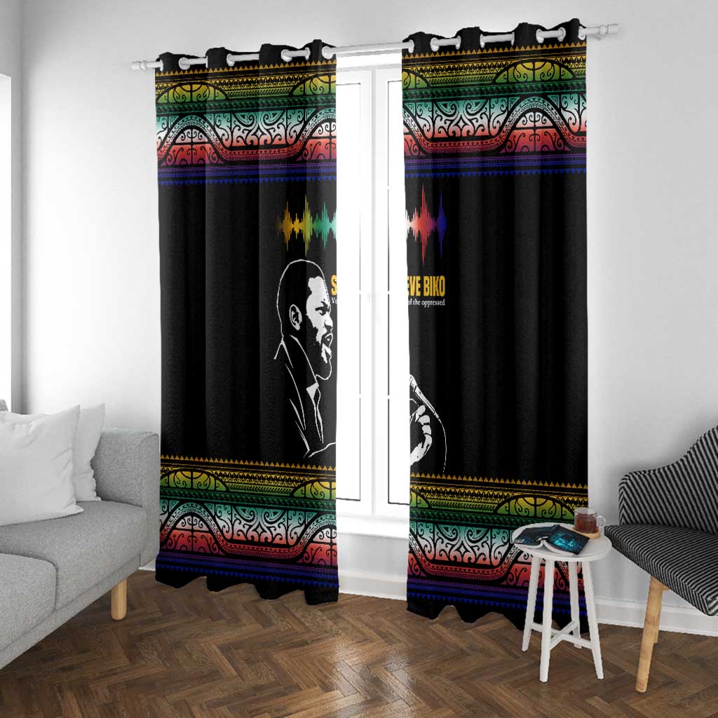 Steve Biko Window Curtain with Microphone Portrait, Black Consciousness Quote and Vibrant Ethnic Wave - African Pride