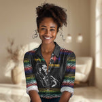 Steve Biko Women Casual Shirt with Microphone Portrait, Black Consciousness Quote and Vibrant Ethnic Wave - African Pride