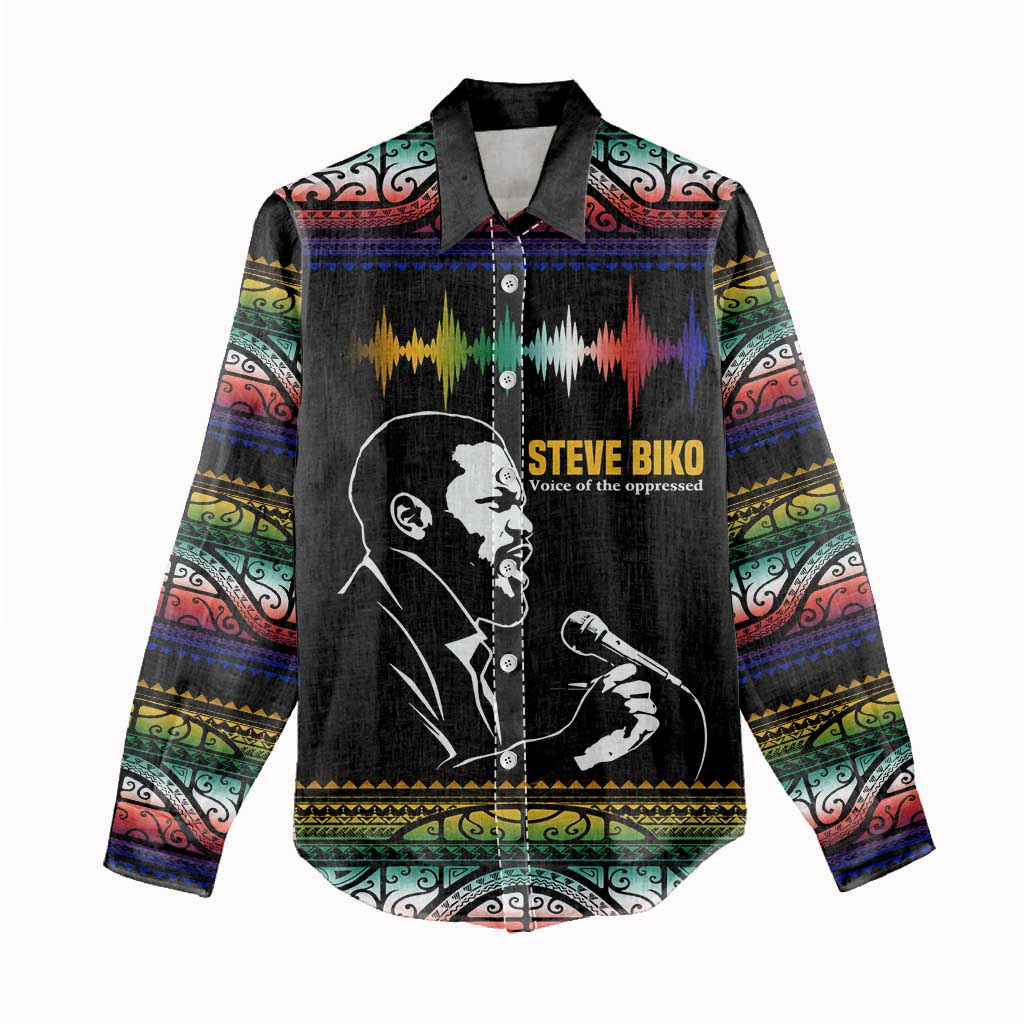 Steve Biko Women Casual Shirt with Microphone Portrait, Black Consciousness Quote and Vibrant Ethnic Wave - African Pride
