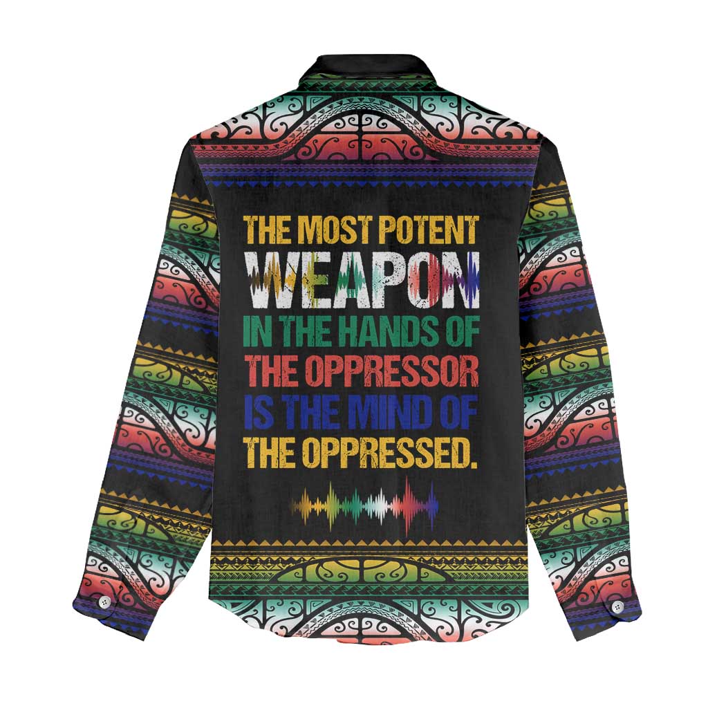 Steve Biko Women Casual Shirt with Microphone Portrait, Black Consciousness Quote and Vibrant Ethnic Wave - African Pride