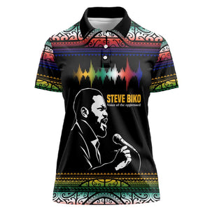 Steve Biko Women Polo Shirt with Microphone Portrait, Black Consciousness Quote and Vibrant Ethnic Wave - African Pride