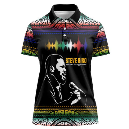 Steve Biko Women Polo Shirt with Microphone Portrait, Black Consciousness Quote and Vibrant Ethnic Wave - African Pride