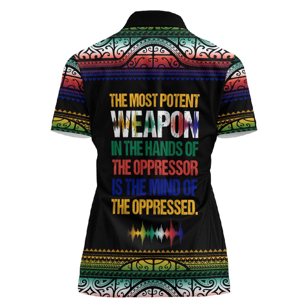 Steve Biko Women Polo Shirt with Microphone Portrait, Black Consciousness Quote and Vibrant Ethnic Wave - African Pride