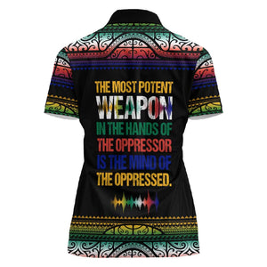 Steve Biko Women Polo Shirt with Microphone Portrait, Black Consciousness Quote and Vibrant Ethnic Wave - African Pride