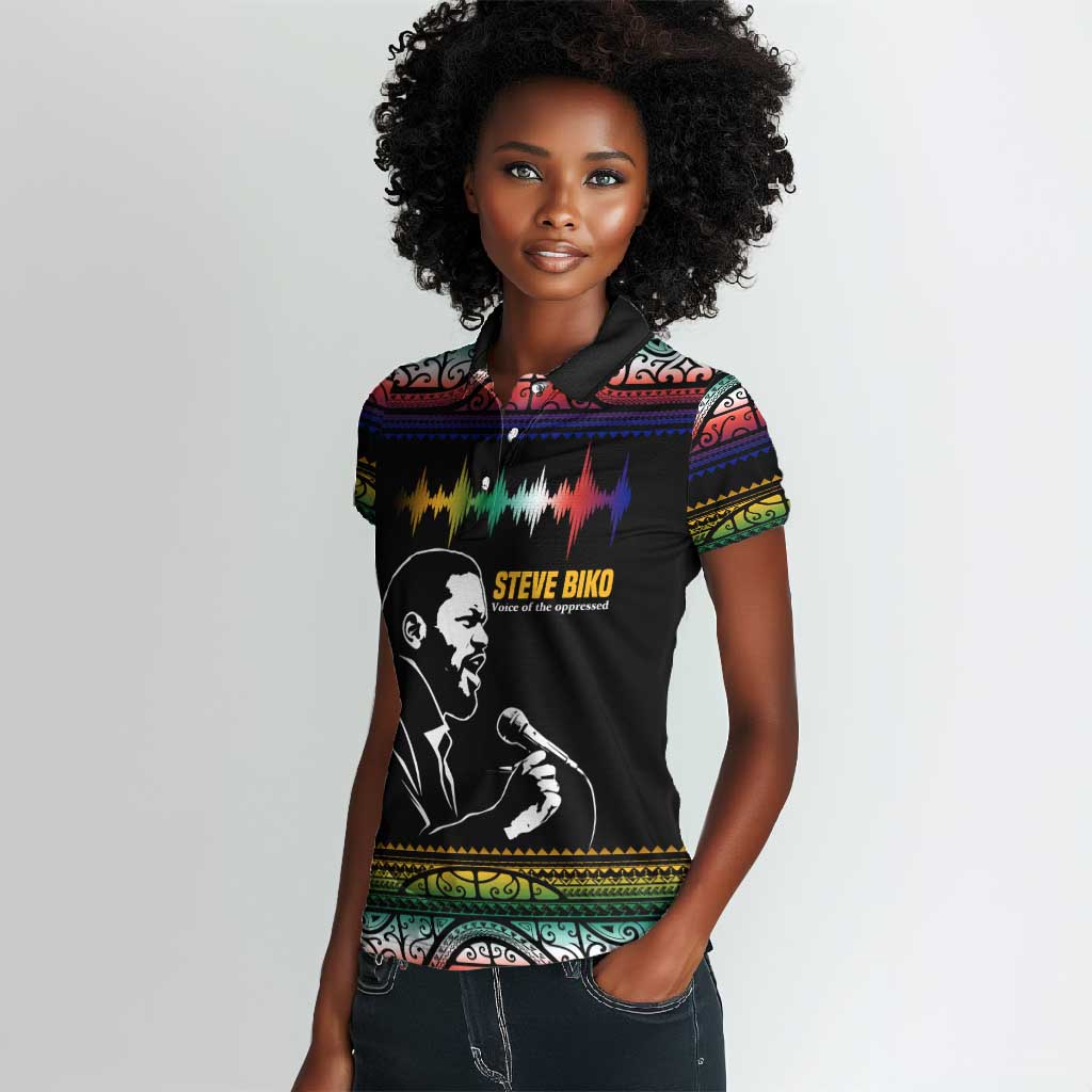 Steve Biko Women Polo Shirt with Microphone Portrait, Black Consciousness Quote and Vibrant Ethnic Wave - African Pride
