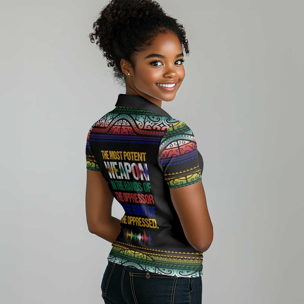 Steve Biko Women Polo Shirt with Microphone Portrait, Black Consciousness Quote and Vibrant Ethnic Wave - African Pride