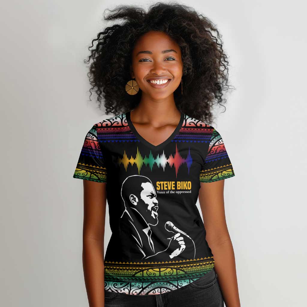 Steve Biko Women V-Neck T-Shirt with Microphone Portrait, Black Consciousness Quote and Vibrant Ethnic Wave - African Pride