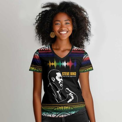 Steve Biko Women V-Neck T-Shirt with Microphone Portrait, Black Consciousness Quote and Vibrant Ethnic Wave - African Pride