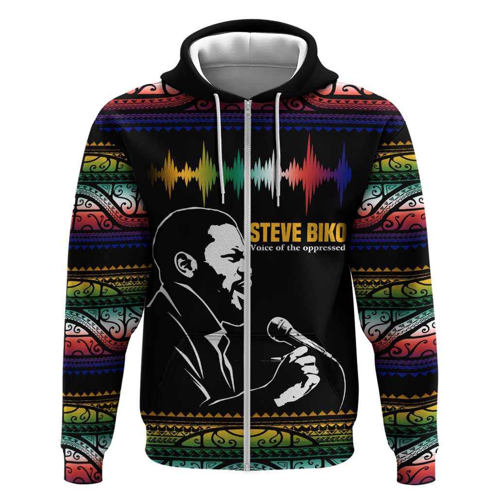 Steve Biko Zip Hoodie with Microphone Portrait, Black Consciousness Quote and Vibrant Ethnic Wave - African Pride