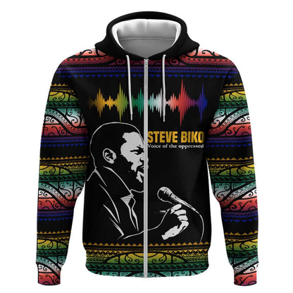 Steve Biko Zip Hoodie with Microphone Portrait, Black Consciousness Quote and Vibrant Ethnic Wave - African Pride
