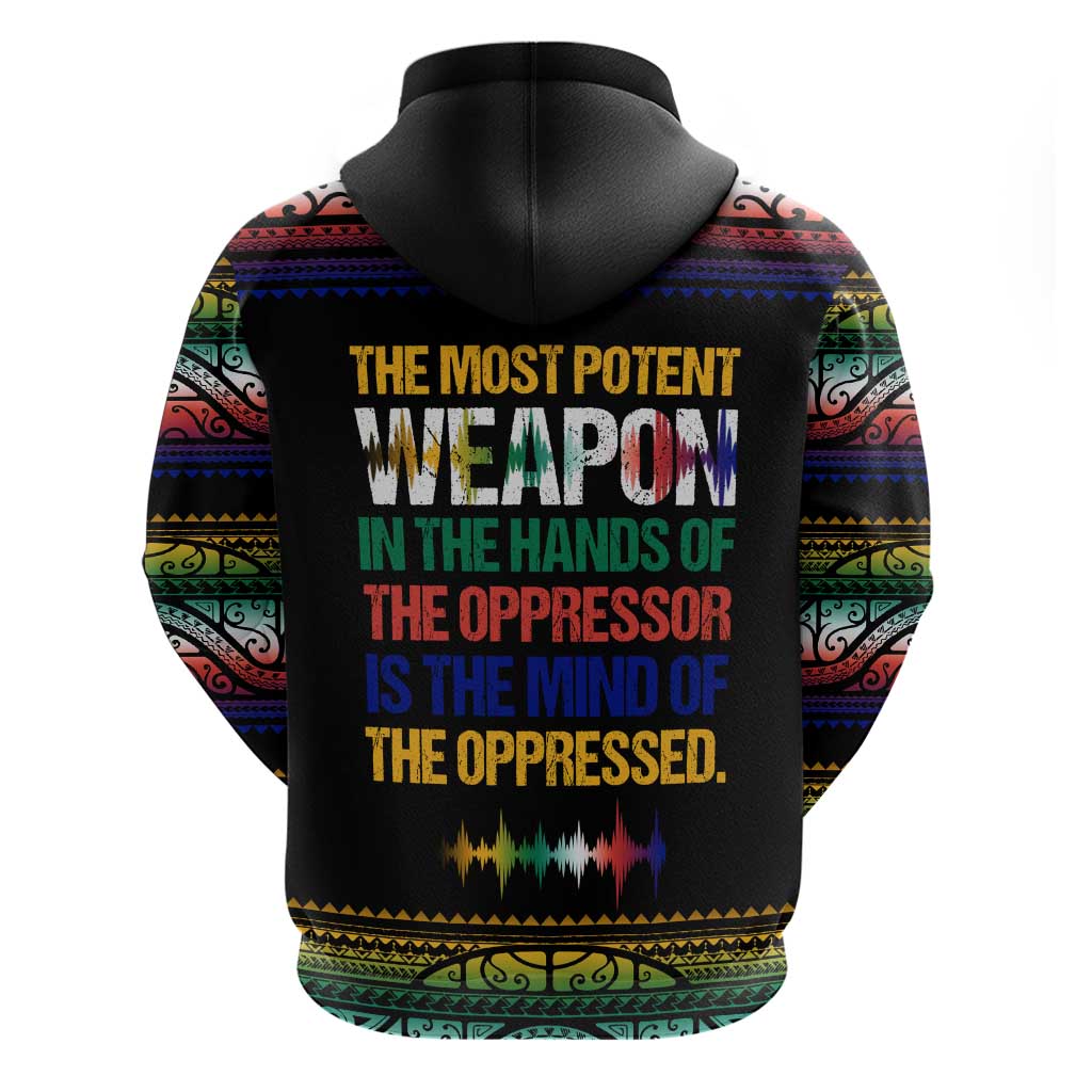 Steve Biko Zip Hoodie with Microphone Portrait, Black Consciousness Quote and Vibrant Ethnic Wave - African Pride