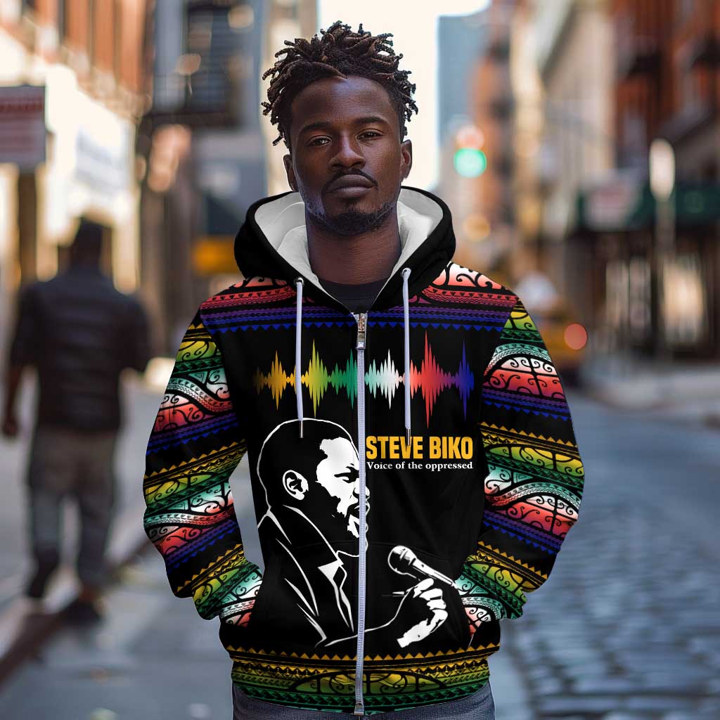 Steve Biko Zip Hoodie with Microphone Portrait, Black Consciousness Quote and Vibrant Ethnic Wave - African Pride