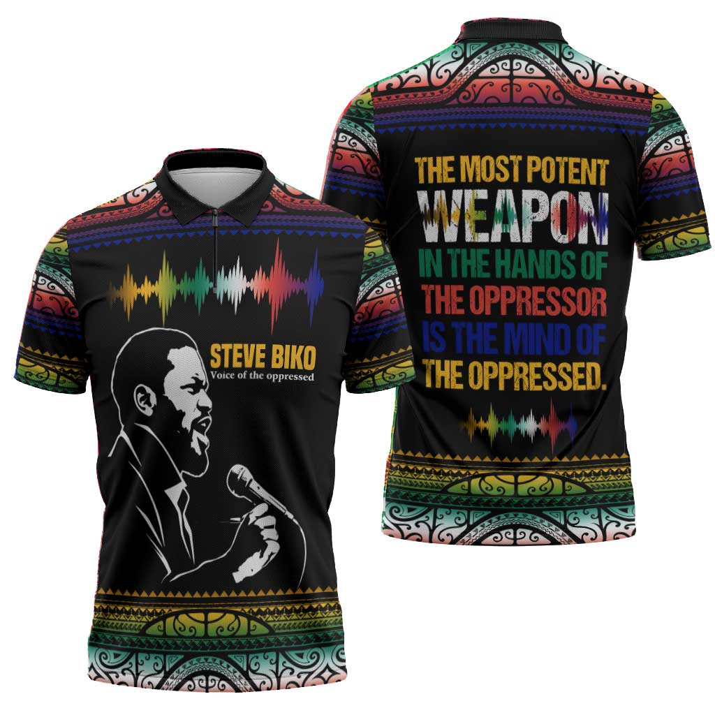 Steve Biko Zipper Polo Shirt with Microphone Portrait, Black Consciousness Quote and Vibrant Ethnic Wave - African Pride