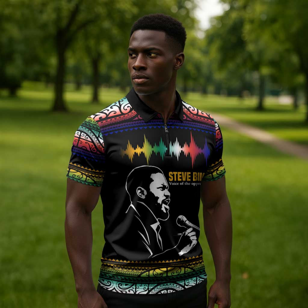 Steve Biko Zipper Polo Shirt with Microphone Portrait, Black Consciousness Quote and Vibrant Ethnic Wave - African Pride