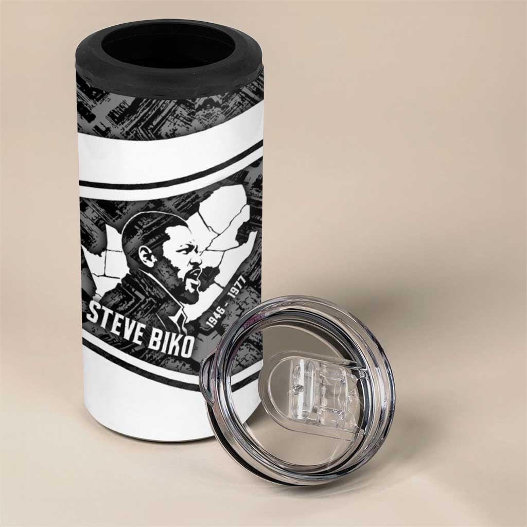 Steve Biko 4 in 1 Can Cooler Tumbler with Monochrome Portrait, Ideas Do Not Die Quote - African Pride