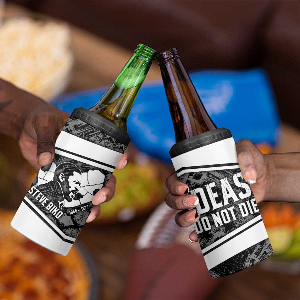 Steve Biko 4 in 1 Can Cooler Tumbler with Monochrome Portrait, Ideas Do Not Die Quote - African Pride