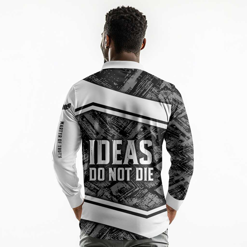 Steve Biko Long Sleeve Polo Shirt with Monochrome Portrait, Ideas Do Not Die Quote - African Pride