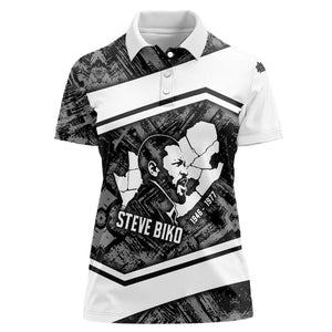 Steve Biko Women Polo Shirt with Monochrome Portrait, Ideas Do Not Die Quote - African Pride
