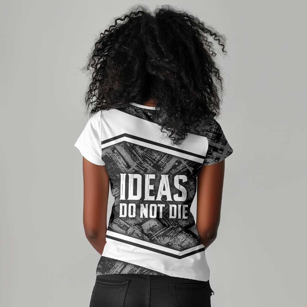 Steve Biko Women V-Neck T-Shirt with Monochrome Portrait, Ideas Do Not Die Quote - African Pride