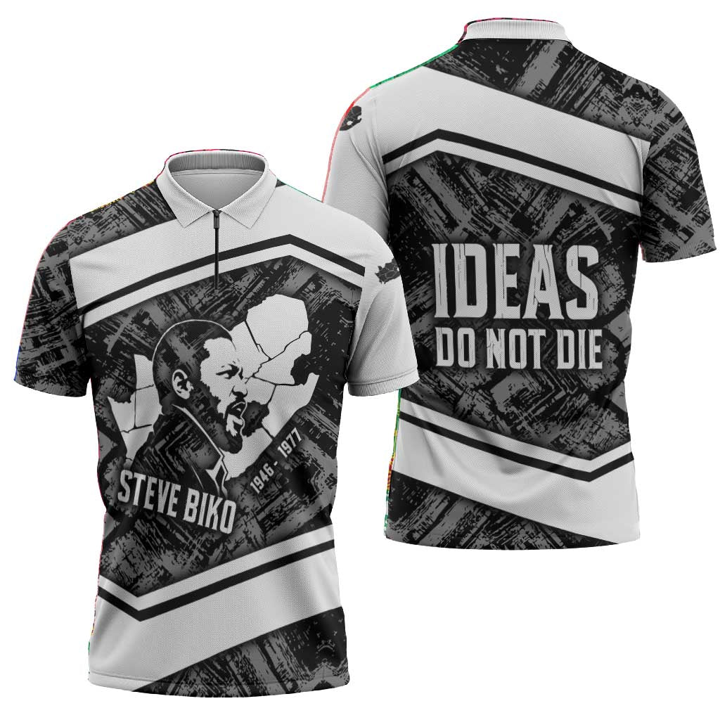 Steve Biko Zipper Polo Shirt with Monochrome Portrait, Ideas Do Not Die Quote - African Pride