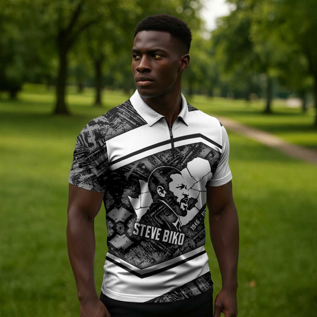 Steve Biko Zipper Polo Shirt with Monochrome Portrait, Ideas Do Not Die Quote - African Pride