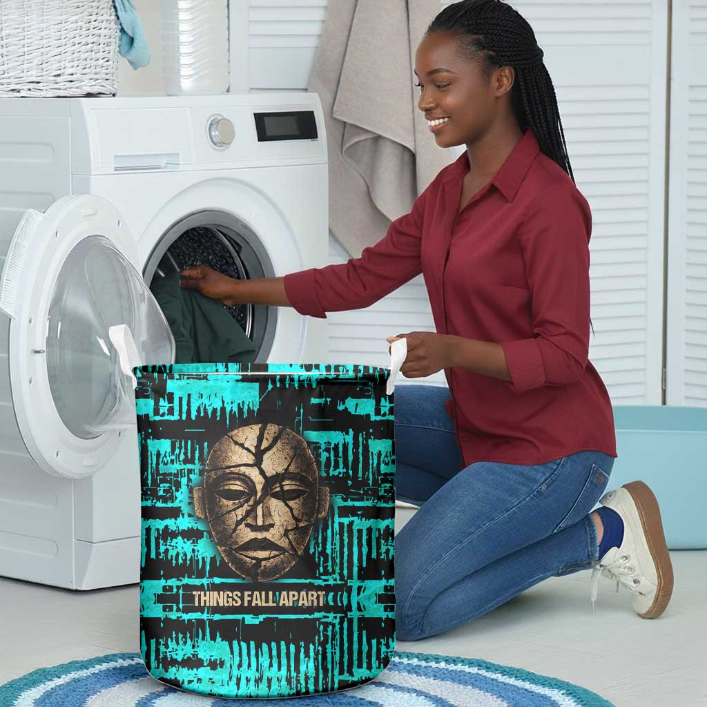 Chinua Achebe Laundry Basket with Tribal Mask Design, Things Fall Apart Quote and Teal Abstract - African Pride