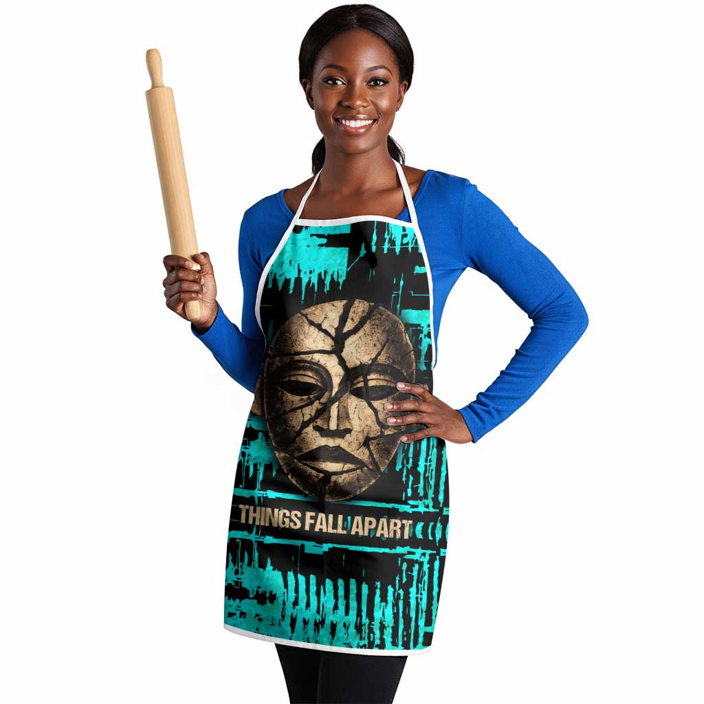 Chinua Achebe Apron with Tribal Mask Design, Things Fall Apart Quote and Teal Abstract - African Pride