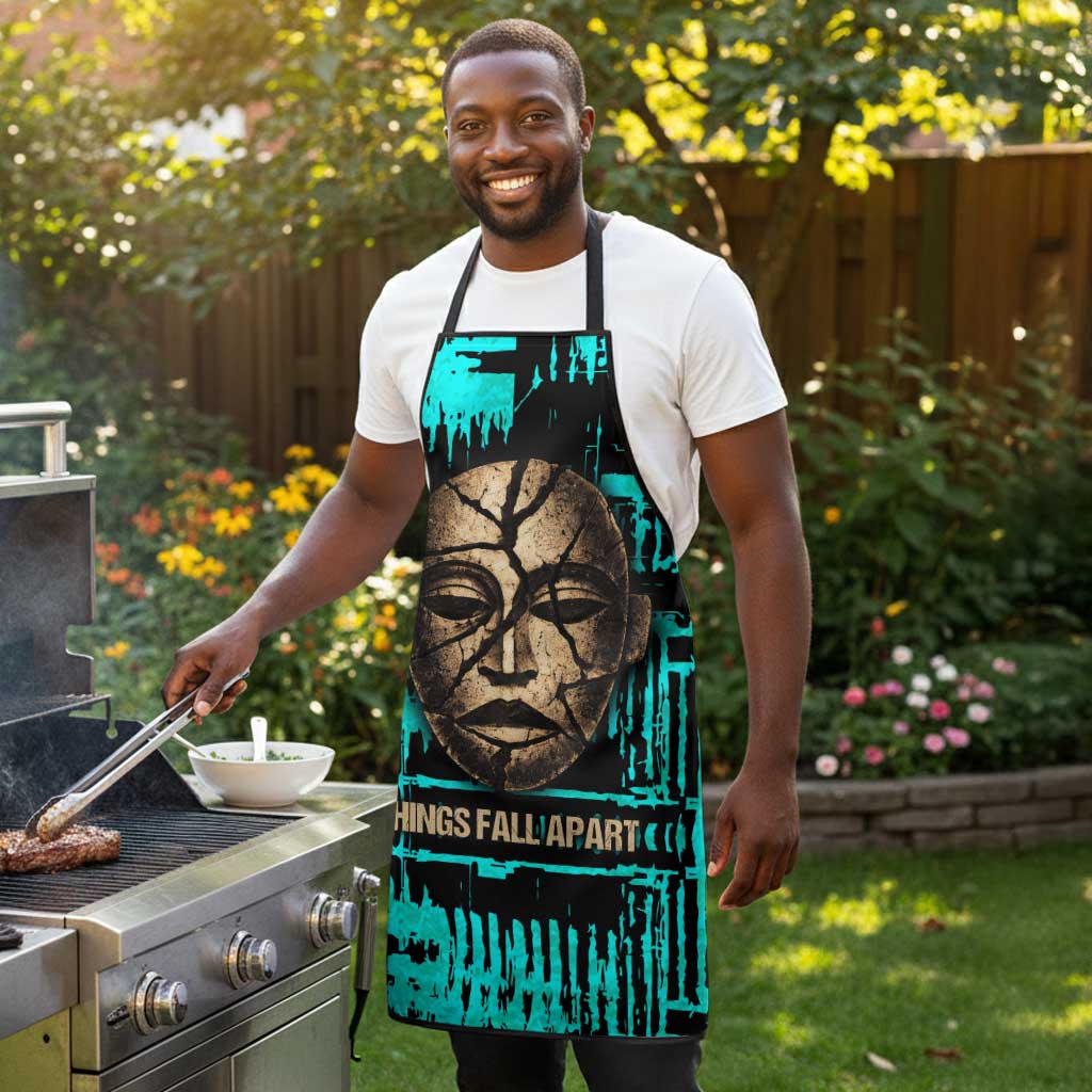 Chinua Achebe Apron with Tribal Mask Design, Things Fall Apart Quote and Teal Abstract - African Pride