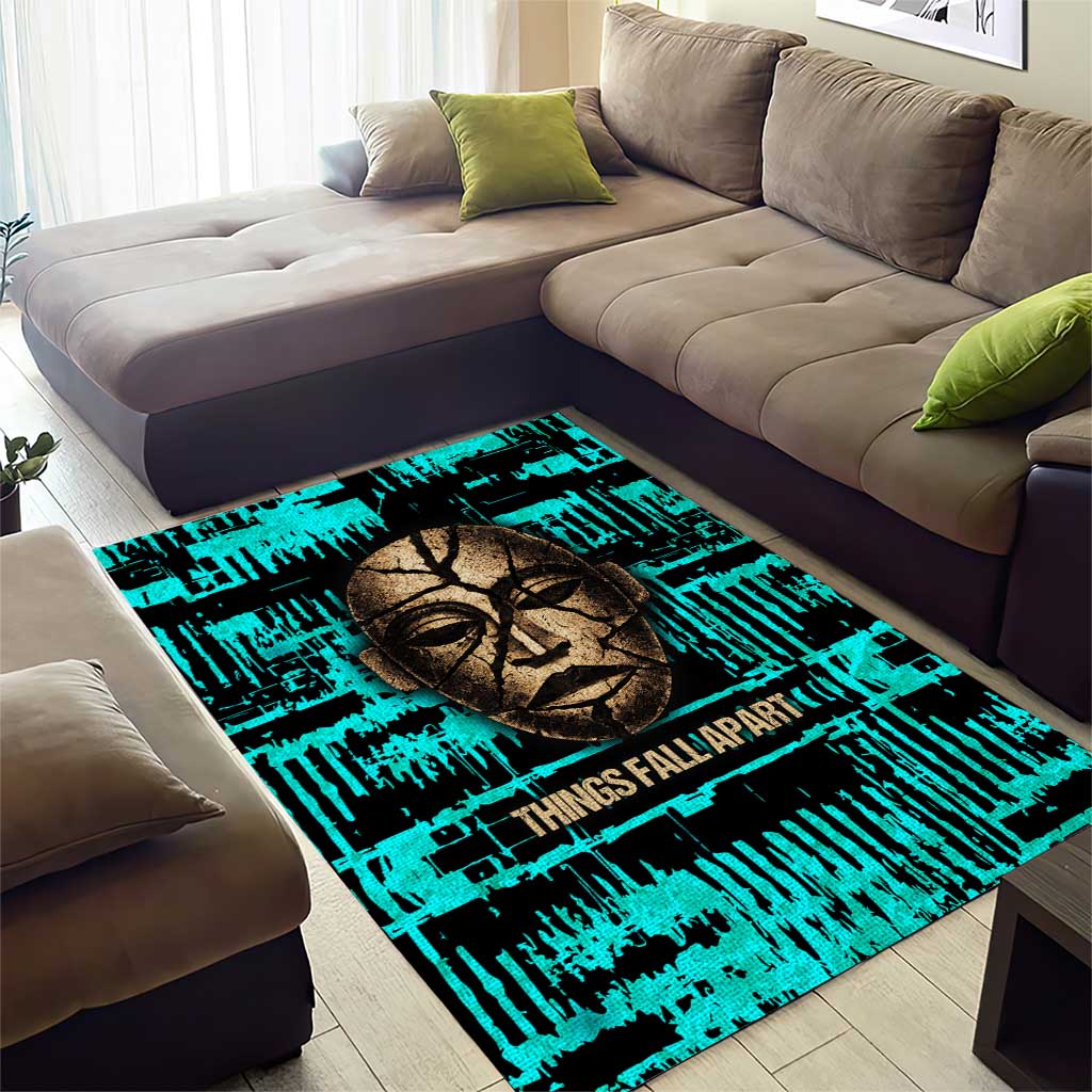 Chinua Achebe Area Rug with Tribal Mask Design, Things Fall Apart Quote and Teal Abstract - African Pride