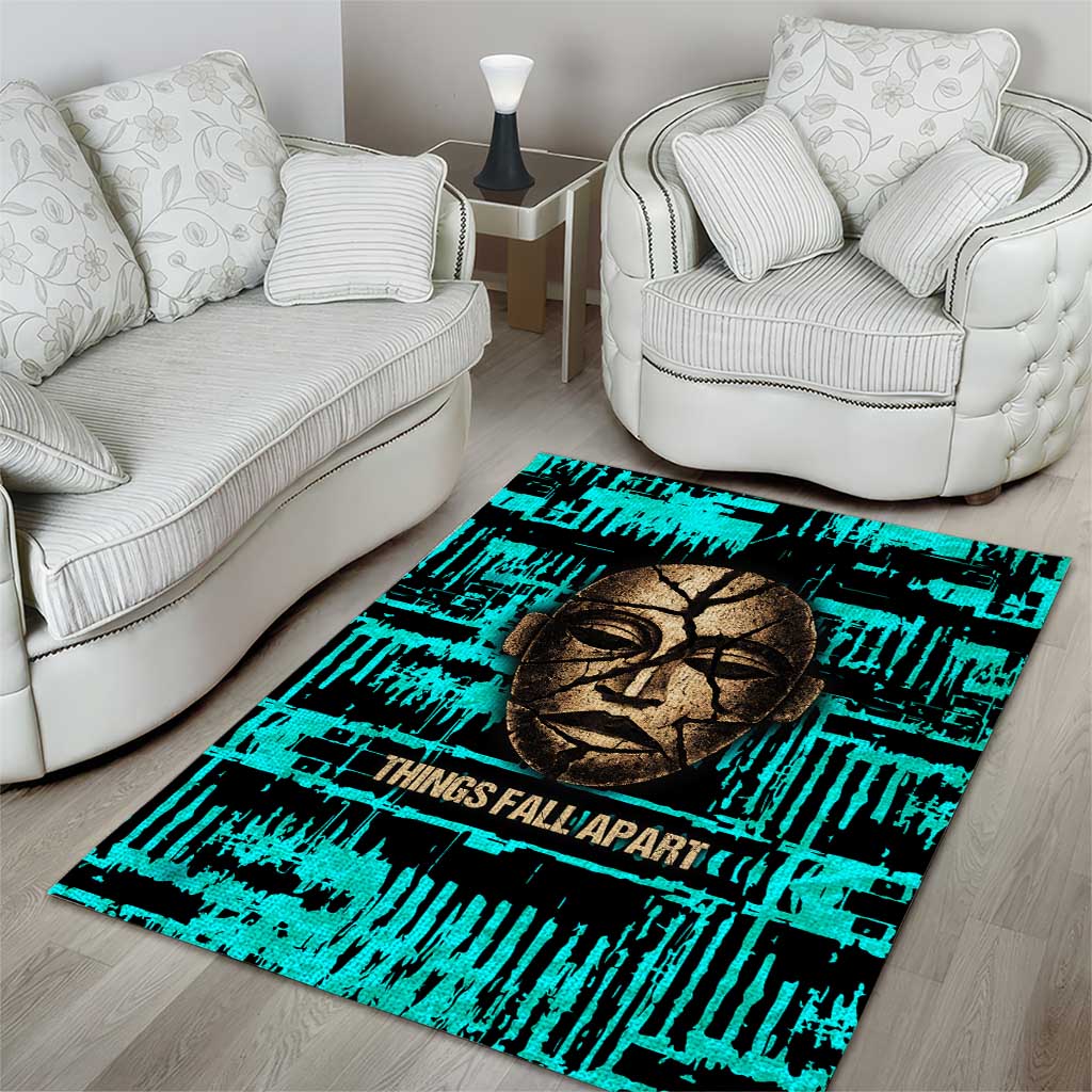 Chinua Achebe Area Rug with Tribal Mask Design, Things Fall Apart Quote and Teal Abstract - African Pride