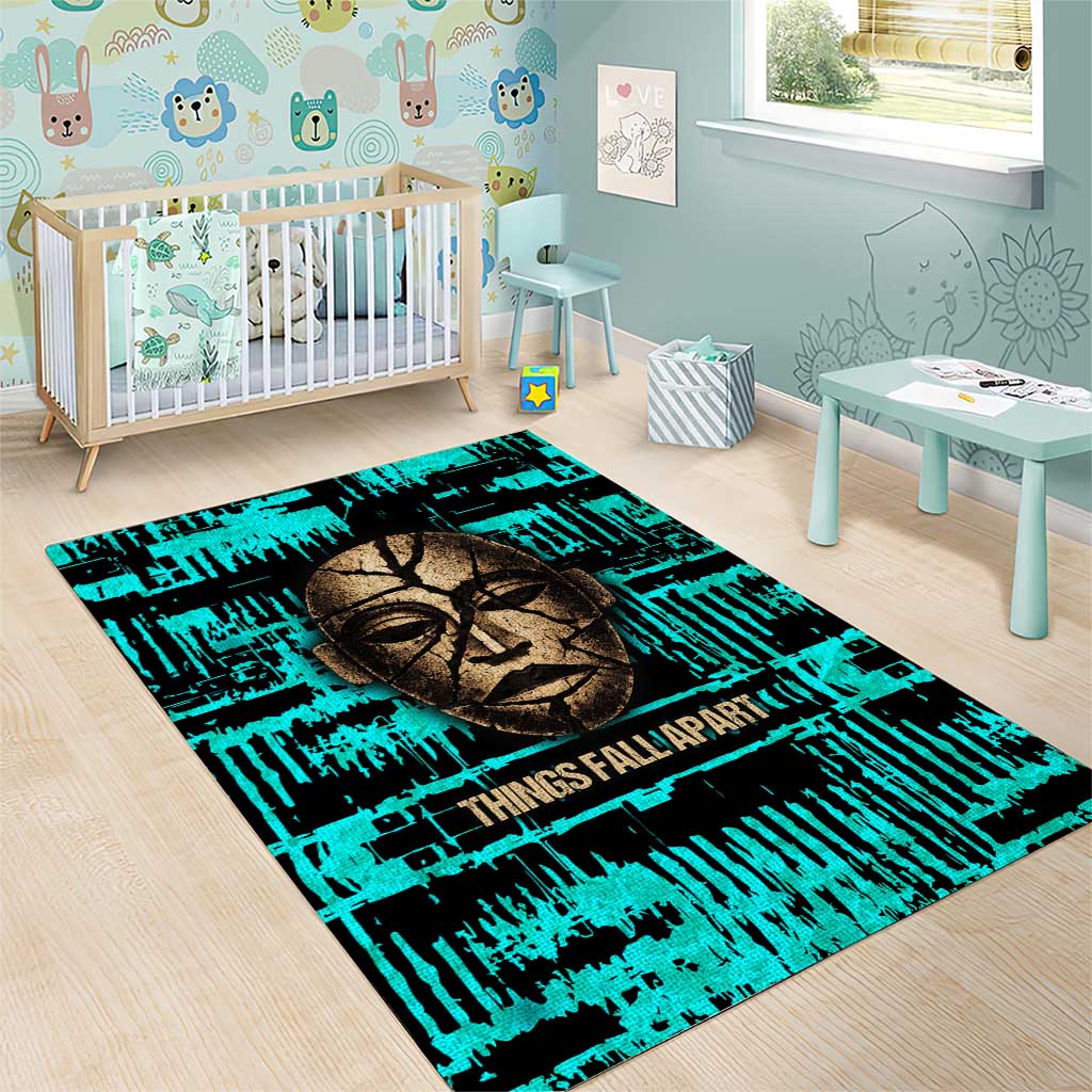 Chinua Achebe Area Rug with Tribal Mask Design, Things Fall Apart Quote and Teal Abstract - African Pride