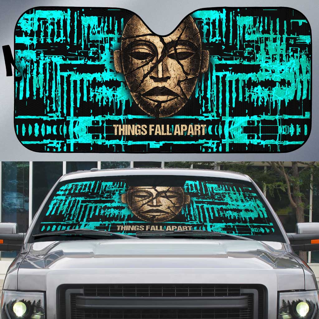 Chinua Achebe Auto Sun Shade with Tribal Mask Design, Things Fall Apart Quote and Teal Abstract - African Pride