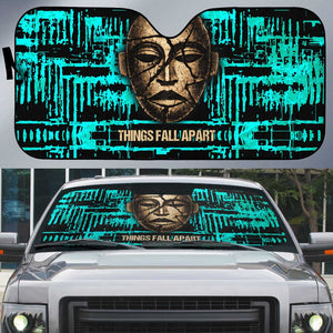 Chinua Achebe Auto Sun Shade with Tribal Mask Design, Things Fall Apart Quote and Teal Abstract - African Pride