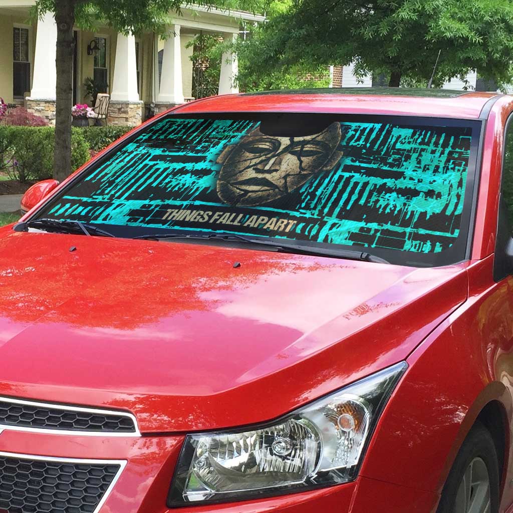 Chinua Achebe Auto Sun Shade with Tribal Mask Design, Things Fall Apart Quote and Teal Abstract - African Pride