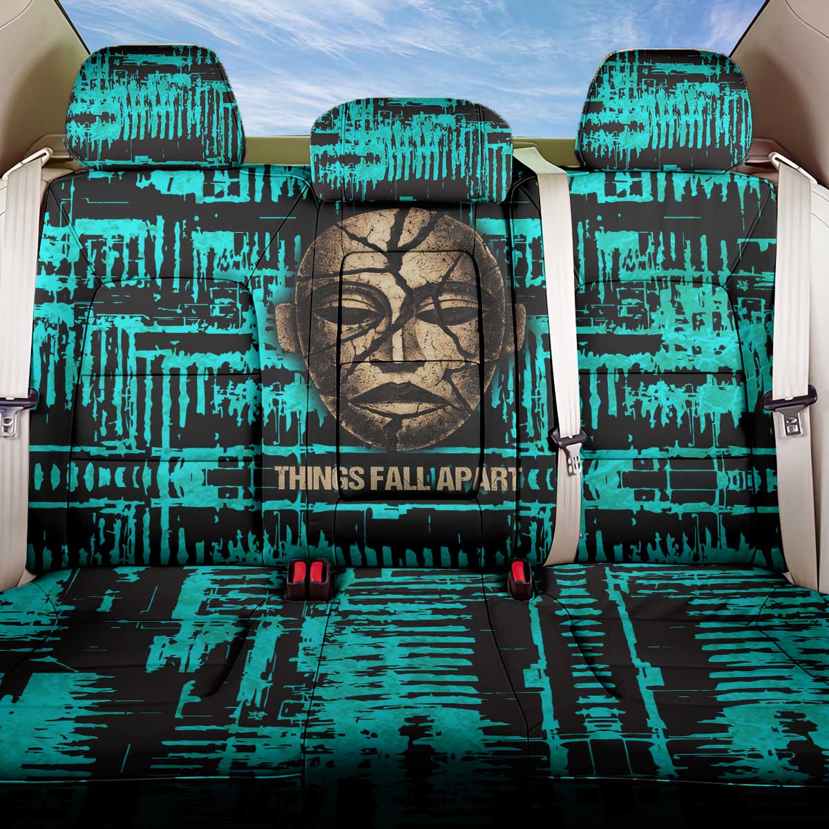 Chinua Achebe Back Car Seat Cover with Tribal Mask Design, Things Fall Apart Quote and Teal Abstract - African Pride