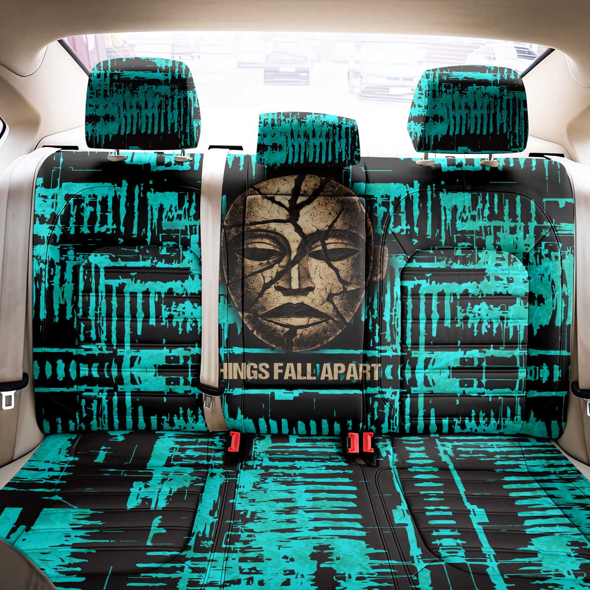 Chinua Achebe Back Car Seat Cover with Tribal Mask Design, Things Fall Apart Quote and Teal Abstract - African Pride