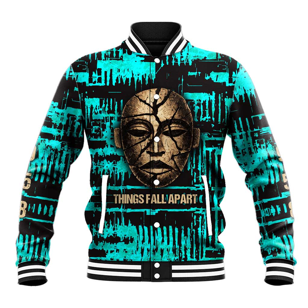 Chinua Achebe Baseball Jacket with Tribal Mask Design, Things Fall Apart Quote and Teal Abstract - African Pride
