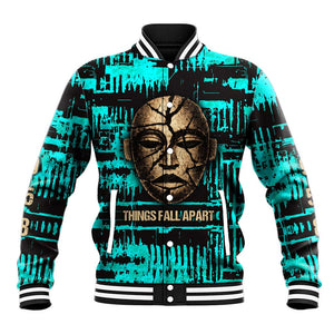 Chinua Achebe Baseball Jacket with Tribal Mask Design, Things Fall Apart Quote and Teal Abstract - African Pride